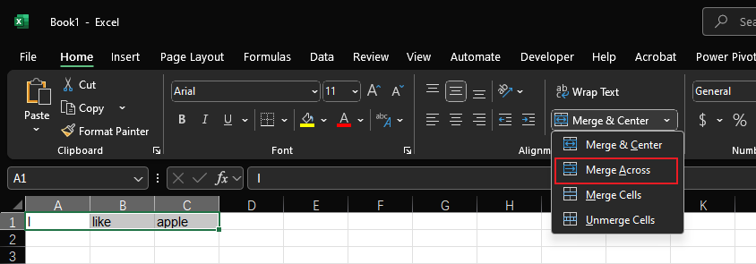 Excel’s Merge dropdown menu with “Merge Across” highlighted